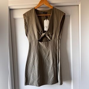 Zara Olive/gray Twist-Front Midi Dress